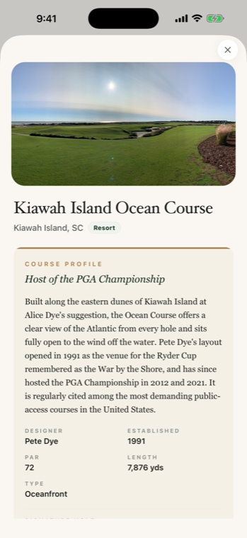 A course page showing designer, par, community rating and details